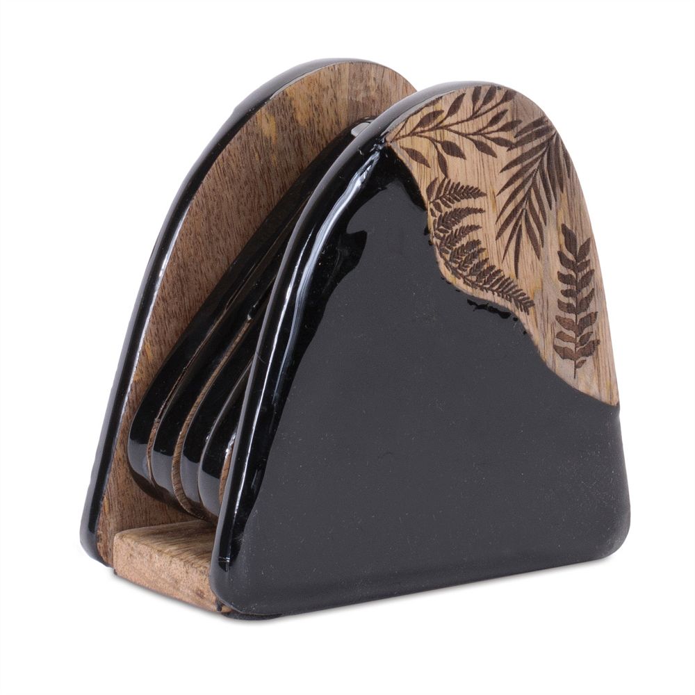 Set of 4 Wooden Coasters with Holder Rounded Triangle Design Drink ...