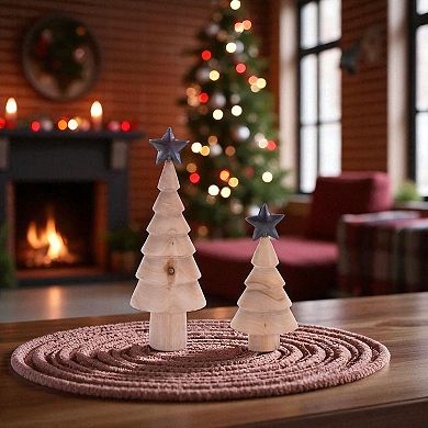 Wood Pine Tree Tabletop Decor Set of 2 Rustic Metal Star Holiday Mantel Trees