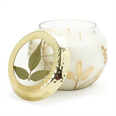 Dual Wick Glass Candle with Gold Foliage Design for Coffee Table and Console Styling