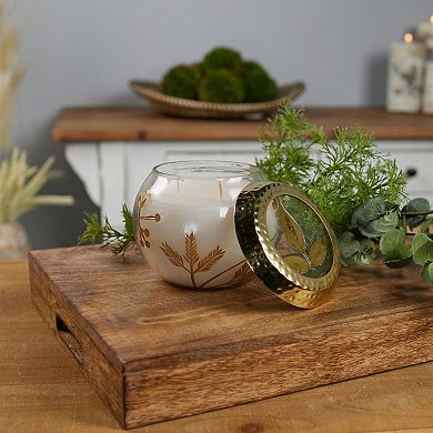 Dual Wick Glass Candle with Gold Foliage Design for Coffee Table and Console Styling