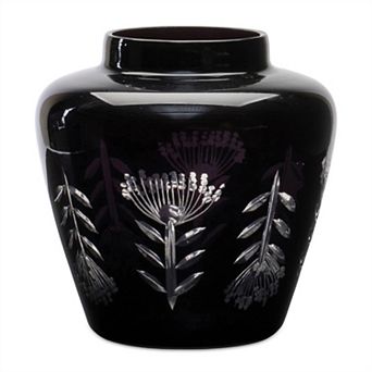 Glass Urn Vase with Etched Leaf Pattern for Shelf, Mantle, Coffee Table, or Desk Decor