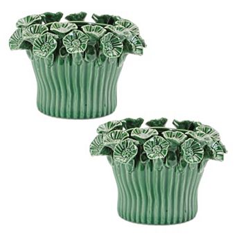 2 pc Decorative Stoneware Vase Set with Ribbed Texture for Home Table Display