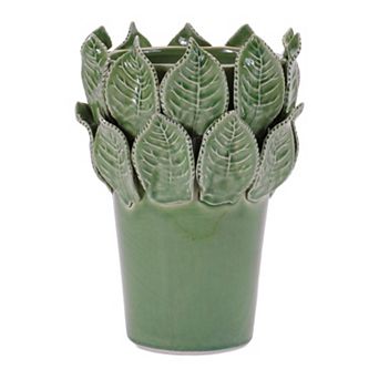Set of 2 Stoneware Vases with Leaf Accent for Fresh Stems or Table Decor
