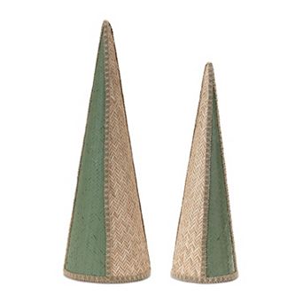 Woven Wicker Cone Pine Tree Set of 2, Tabletop Christmas Mantel Decor