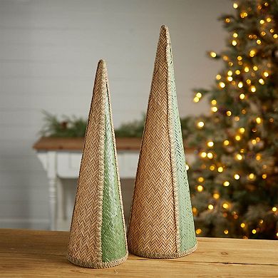 Woven Wicker Cone Pine Tree Set of 2, Tabletop Christmas Mantel Decor