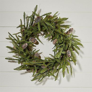 Pine Wreath With Frosted Pinecone Accents For Front Door, Wall Decor, Entryway Styling, Twig Base