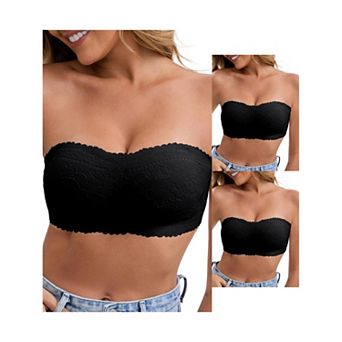 3 Packs Women's Floral Lace Strapless Wireless Tube Bras Anti-Slip Push Up Soft Padded Bandeau