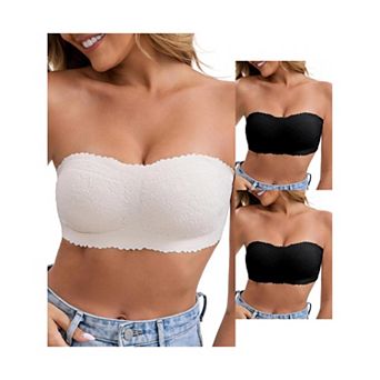 3 Packs Women's Floral Lace Strapless Wireless Tube Bras Anti-Slip Push Up Soft Padded Bandeau
