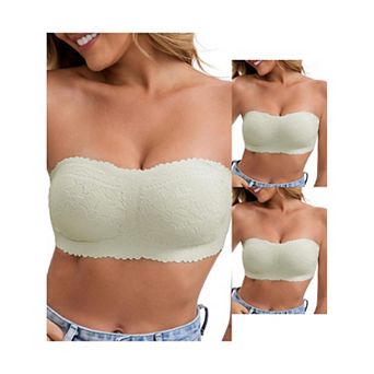 3 Packs Women's Floral Lace Strapless Wireless Tube Bras Anti-Slip Push Up Soft Padded Bandeau
