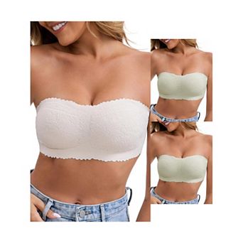 3 Packs Women's Floral Lace Strapless Wireless Tube Bras Anti-Slip Push Up Soft Padded Bandeau