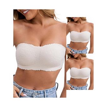 3 Packs Women's Floral Lace Strapless Wireless Tube Bras Anti-Slip Push Up Soft Padded Bandeau