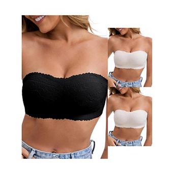 3 Packs Women's Floral Lace Strapless Wireless Tube Bras Anti-Slip Push Up Soft Padded Bandeau