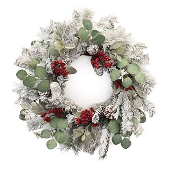 Flocked pine and berry wreath with eucalyptus style and lamb’s ear leaf accents for front door, wall