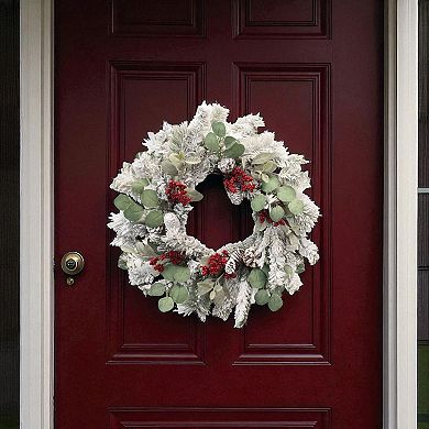 Flocked pine and berry wreath with eucalyptus style and lamb’s ear leaf accents for front door, wall