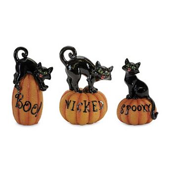 Set of 3 Black Cat on Pumpkin Figurines for Halloween Tabletop Mantel and Shelf Decor