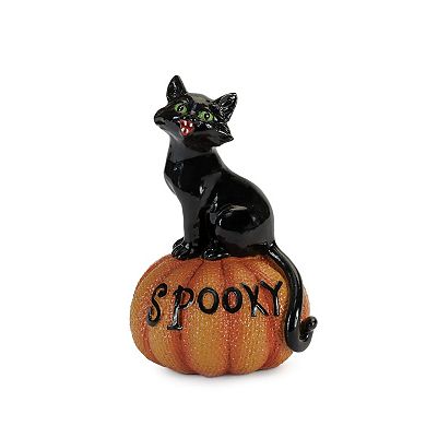 Set of 3 Black Cat on Pumpkin Figurines for Halloween Tabletop Mantel and Shelf Decor