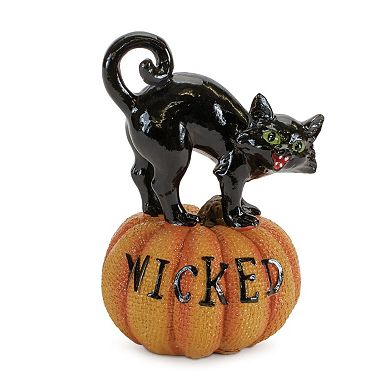 Set of 3 Black Cat on Pumpkin Figurines for Halloween Tabletop Mantel and Shelf Decor