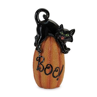 Set of 3 Black Cat on Pumpkin Figurines for Halloween Tabletop Mantel and Shelf Decor