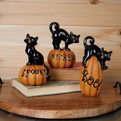 Set of 3 Black Cat on Pumpkin Figurines for Halloween Tabletop Mantel and Shelf Decor