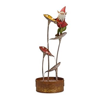 Decorative Iron Water Fountain with Gnome Figure and Leaf Cascade Flow for Patio Porch