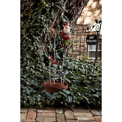 Decorative Iron Water Fountain with Gnome Figure and Leaf Cascade Flow for Patio Porch