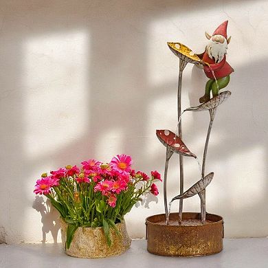 Decorative Iron Water Fountain with Gnome Figure and Leaf Cascade Flow for Patio Porch