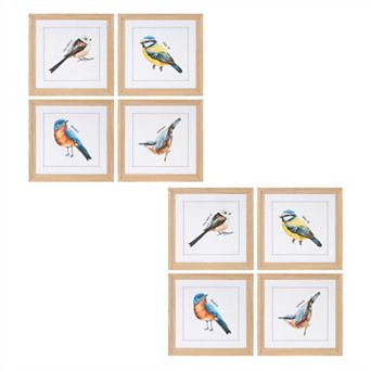 Set of 8 Bird Wall Art Framed Prints with Painted Bird Designs and Glass Cover Nature Wall Decor