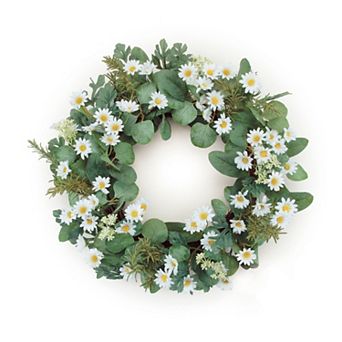 Mini Daisy Inspired Wreath With Eucalyptus Style Greenery For Door Hanging, Wall Decor, Mantel