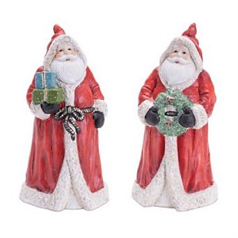 Set of 2 Santa Figurines with Wreath and Present Accents for Holiday Mantel and Shelf Display