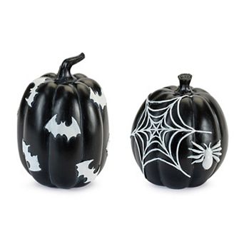Set of 2 Spider and Bat Pumpkin Figurines for Halloween Mantel Shelf and Tabletop Decor