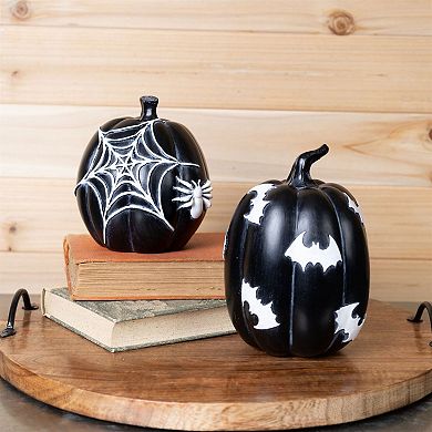 Set of 2 Spider and Bat Pumpkin Figurines for Halloween Mantel Shelf and Tabletop Decor