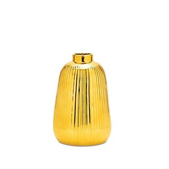 Set of 2 Metallic Ceramic Vases with Ribbed Texture for Dried Flowers