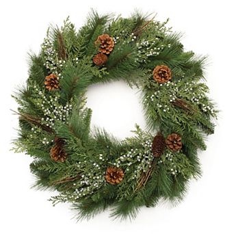 Pine Inspired Seasonal Wreath With Juniper Style Branches For Door Hanging, Wall Decor, Mantel