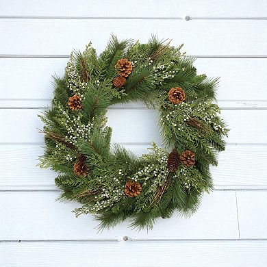 Pine Inspired Seasonal Wreath With Juniper Style Branches For Door Hanging, Wall Decor, Mantel