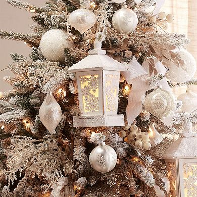 Wooden LED Lantern with Snowy Flocked Finish for Indoor Holiday Display Styling