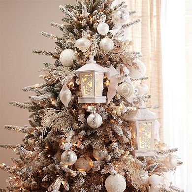 Wooden LED Lantern with Snowy Flocked Finish for Indoor Holiday Display Styling