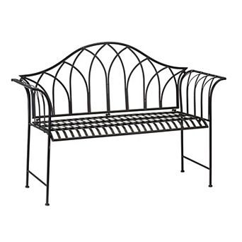 Outdoor Iron Patio Bench with Lattice Backrest and Slatted Seat Garden Seating for Porch