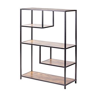 Industrial Floor Shelf with Open Staggered Shelves Metal Frame Storage for Living Room and Office