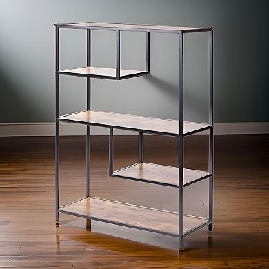 Industrial Floor Shelf with Open Staggered Shelves Metal Frame Storage for Living Room and Office