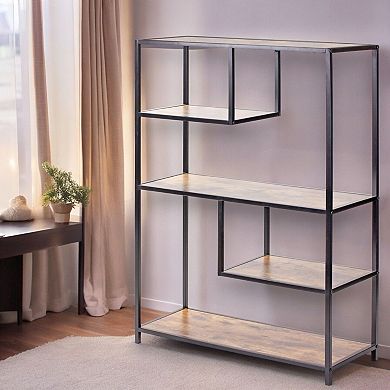 Industrial Floor Shelf with Open Staggered Shelves Metal Frame Storage for Living Room and Office
