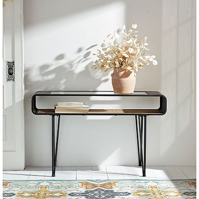 Glass Top Console Table with Metal Frame and Lower Shelf Entryway Table for Living Room