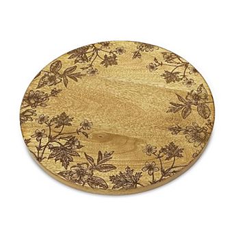 Round Mango Wood Tray with Etched Floral Design Decorative Coffee Table Display