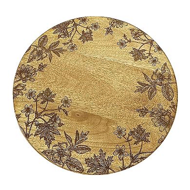 Round Mango Wood Tray with Etched Floral Design Decorative Coffee Table Display