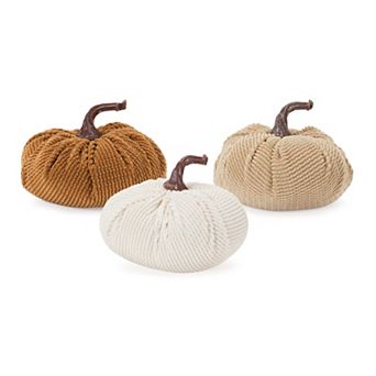 Set of 3 Decorative Fabric Pumpkins Fall Tabletop Decor with Woven Design and Rope Stem