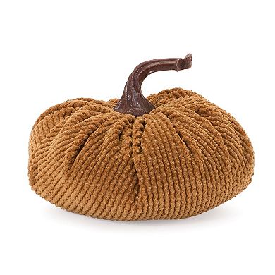 Set of 3 Decorative Fabric Pumpkins Fall Tabletop Decor with Woven Design and Rope Stem