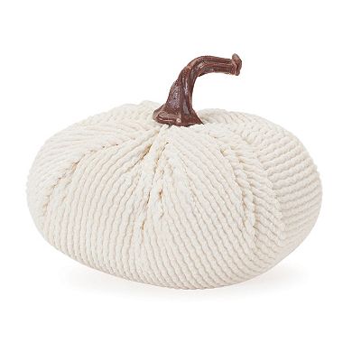 Set of 3 Decorative Fabric Pumpkins Fall Tabletop Decor with Woven Design and Rope Stem