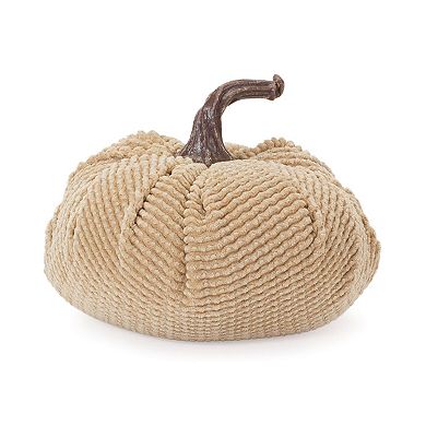 Set of 3 Decorative Fabric Pumpkins Fall Tabletop Decor with Woven Design and Rope Stem