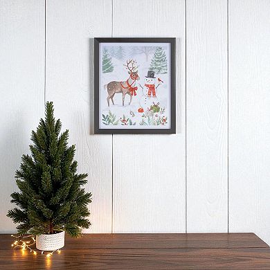 Snowman and Reindeer Wall Art Framed Winter Scene Print Vertical Holiday Wall Decor