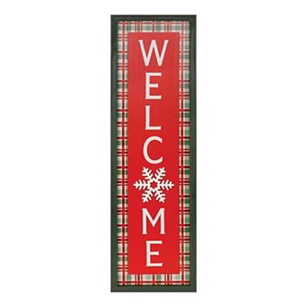 Welcome Christmas Porch Sign Holiday Wall Decor Snowflake Plaid Design for Entryway Front Door