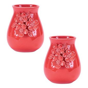Set of 2 Stoneware Vases with Floral Accent for Flowers, Table, or Shelf Decor